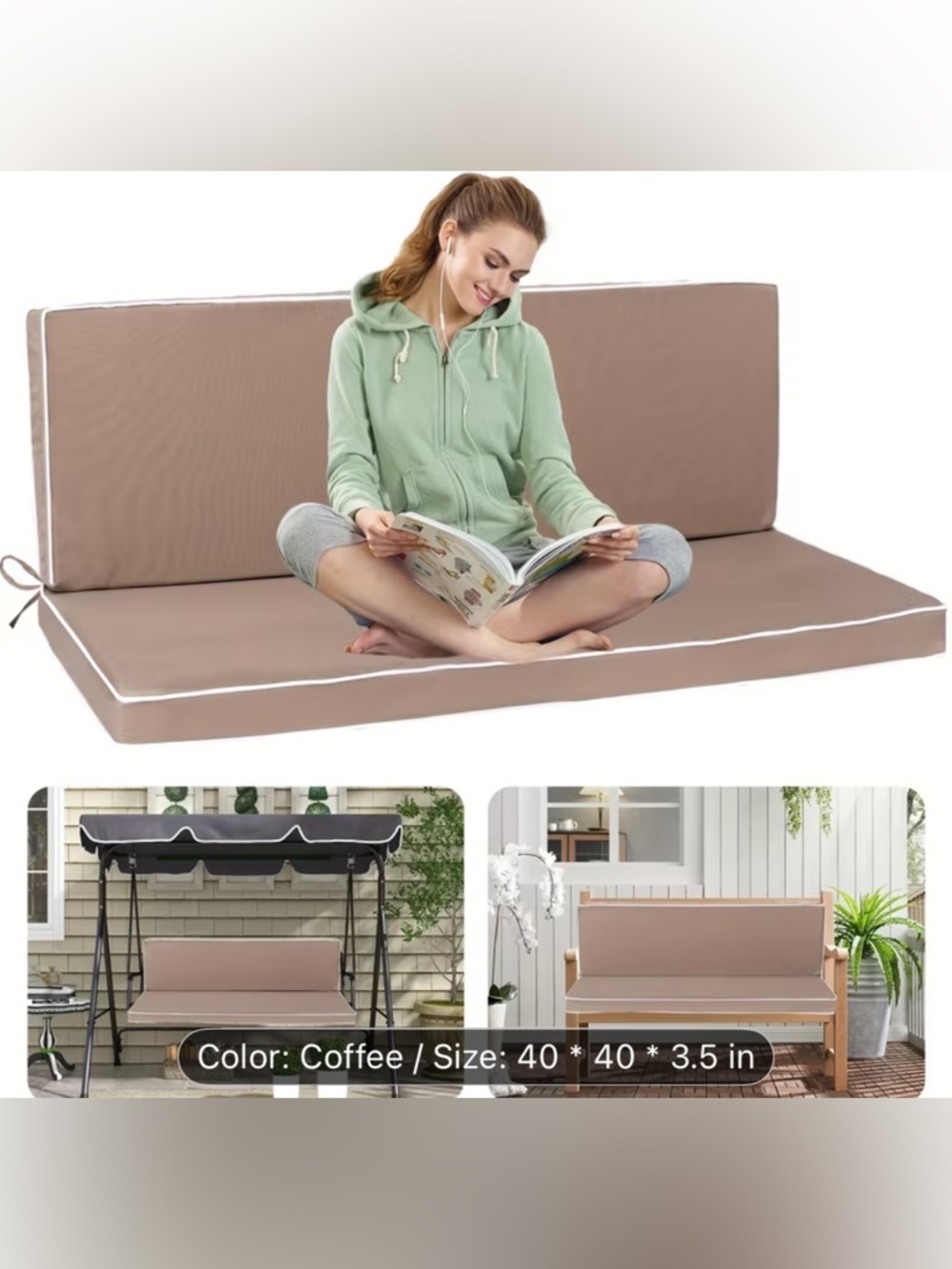 NEW Taupe coffee color Outdoor Porch Swing Cushion, Removable Cover,